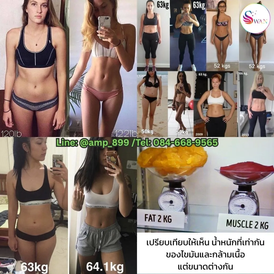 เปรียบเทียบ น้ำหนักของไขมันและกล้ามเนื้อที่เท่ากัน แต่ไขมันมีขนาดที่ใหญ่กว่ากล้ามเนื้อ