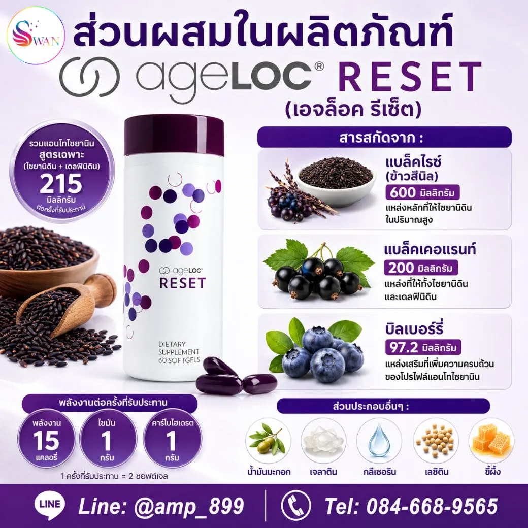 เอจล็อค รีเซ็ต นูสกิน ส่วนผสมสำคัญ ประกอบไปด้วย บลูเบอร์รี่ บิลเบอร์รี่ แบล็คเคอแรนท์ แบล็คไรซ์ (ข้าวสีนิล)